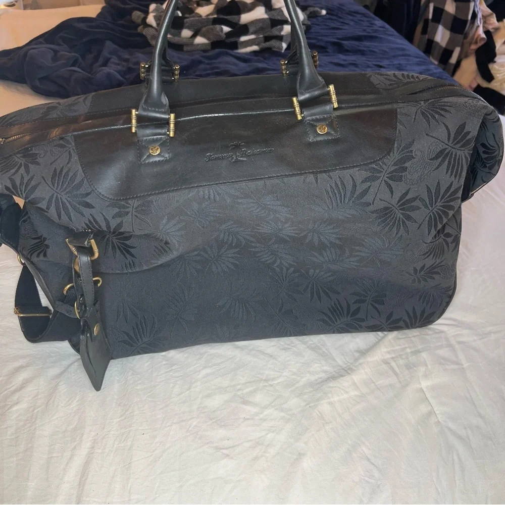 Tommy Bahama Large Black Duffle Bag, Shoulder Strap Top Handles Leather Accents